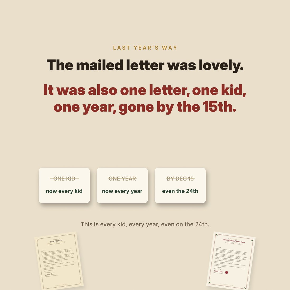 The mailed letter was lovely. It was also one letter, one kid, one year, gone by the 15th.