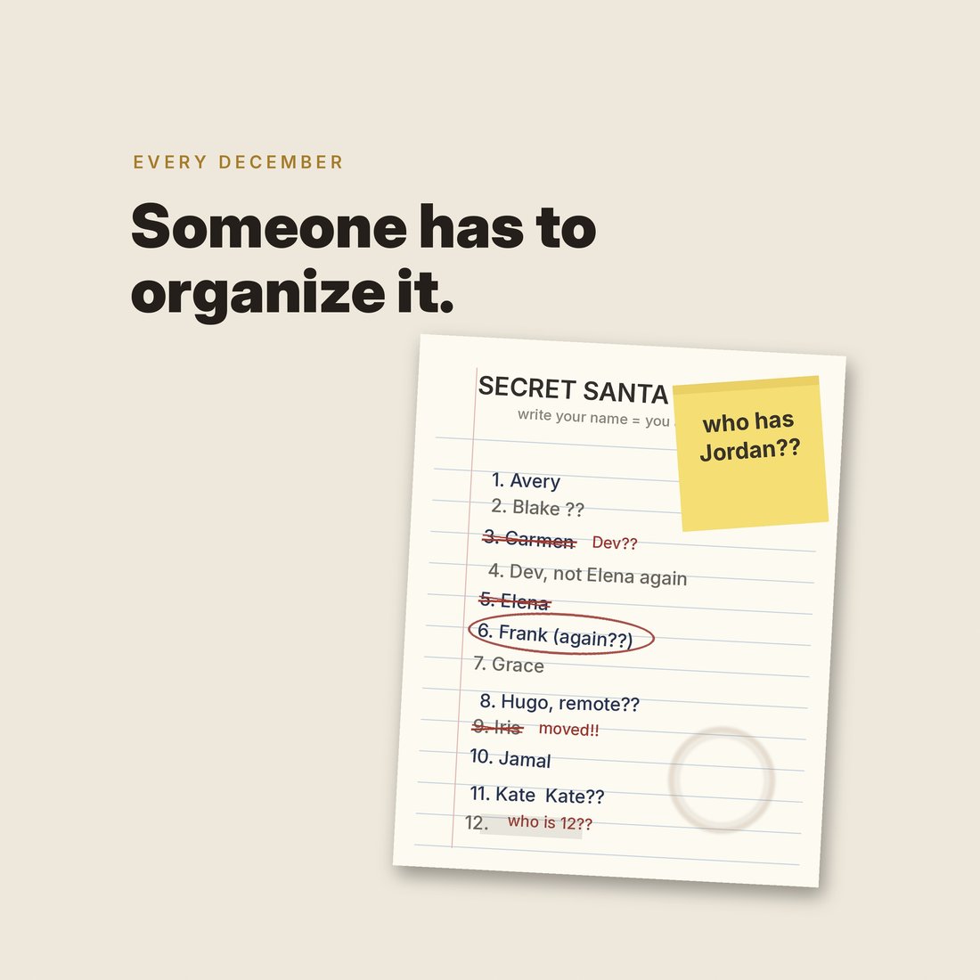 Somebody has to organize it: the questionnaire that starts the exchange, printed and ready for every desk.