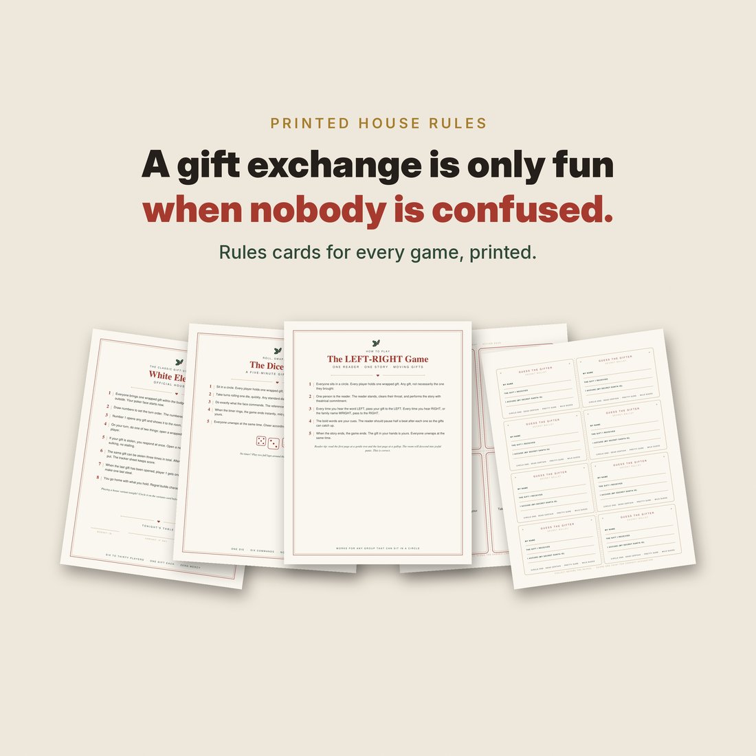 A gift exchange is only fun when nobody is confused: the printed rules that settle the white elephant argument.