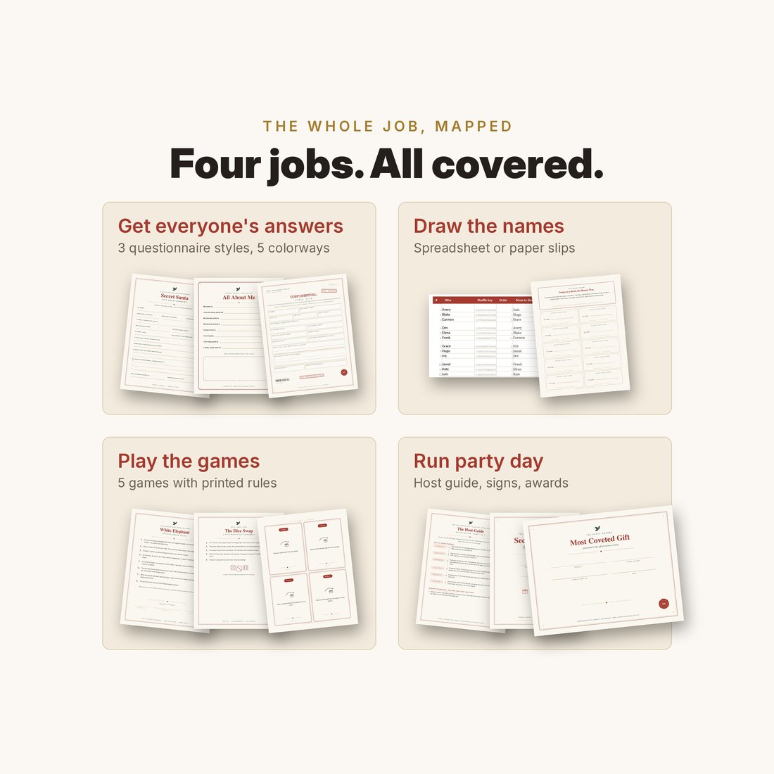 Four jobs. All covered. Questionnaires, name draw, games, and party day, laid out as one kit.