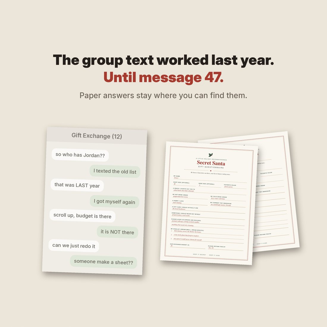 The group text worked last year. Until message 47. The paper fix, laid flat.