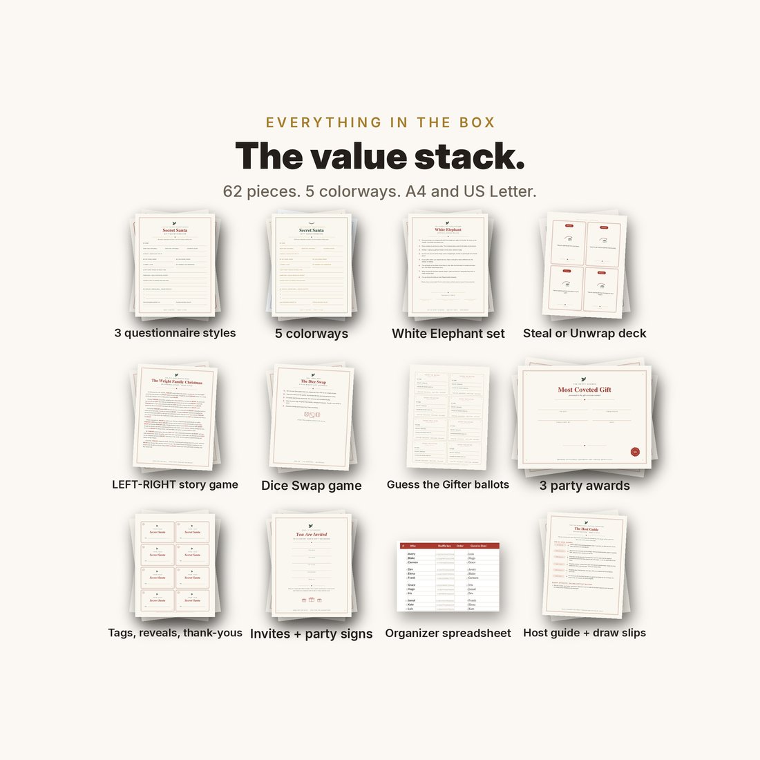 The value stack: everything in the kit fanned out page by page.