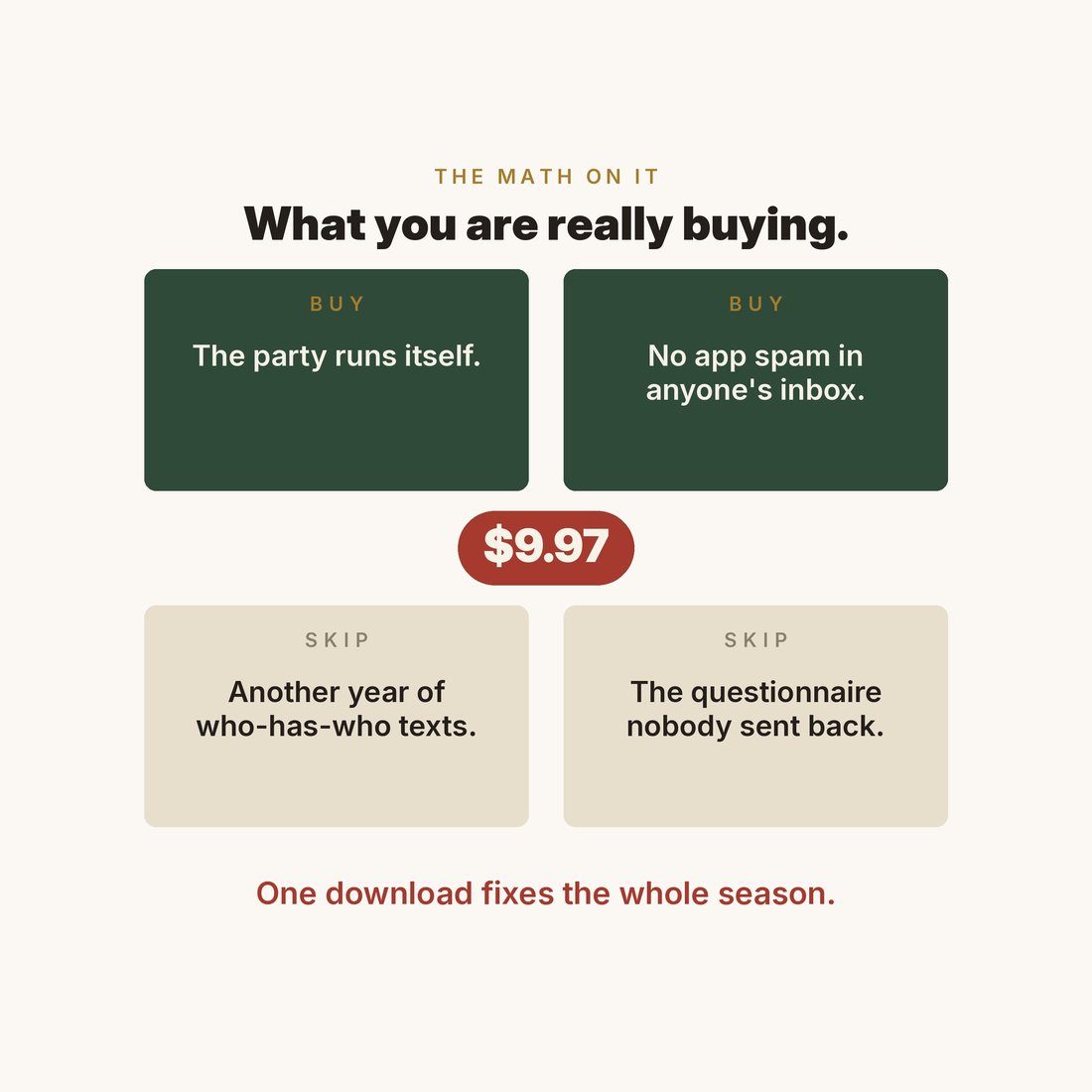 What you are really buying: the party that runs itself, and one download that covers the whole season.