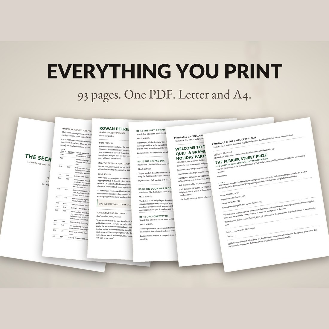 Everything you print: 93 pages in one PDF, in Letter and A4, fanned out as host guide pages, clue cards, a holiday party welcome sign and a prize certificate.