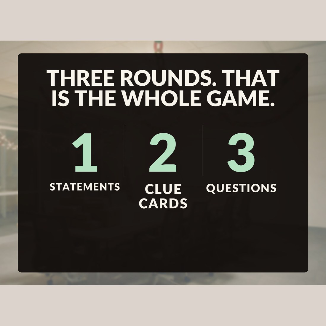 Three rounds, that is the whole game: one statements, two clue cards, three questions, laid out as the entire structure of the evening.