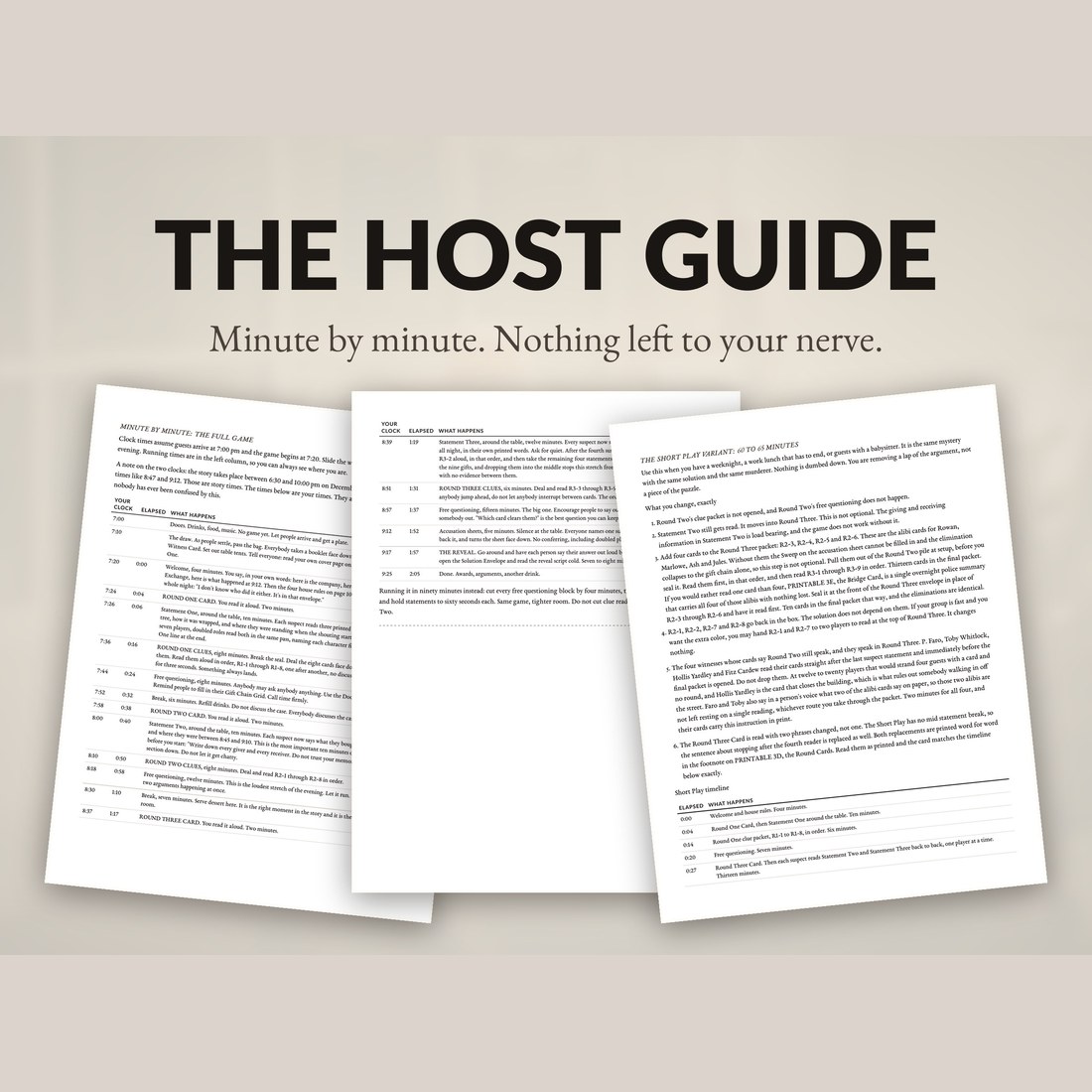 The host guide, minute by minute, with nothing left to your nerve: timeline pages and the gift chain explanation laid out side by side.