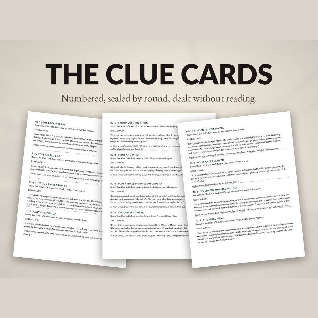 The clue cards, numbered and sealed by round so they can be dealt without reading: I know just the thing, nine gifts and nine names, and the dessert driver among them.