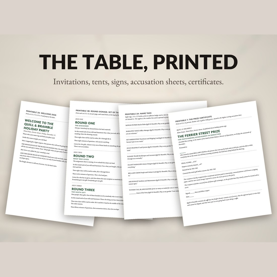 The table, printed: invitations, round cards, name tags, the Quill and Bramble holiday party welcome sign and the prize certificate.