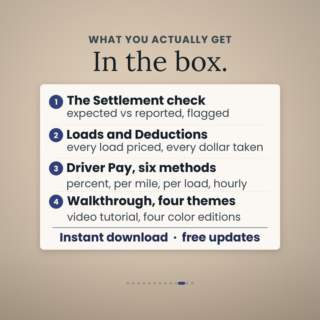 In the box: the Settlement check with expected versus reported and a flag, Loads and Deductions, Driver Pay with six methods, a video walkthrough and four color editions. Instant download with free updates.