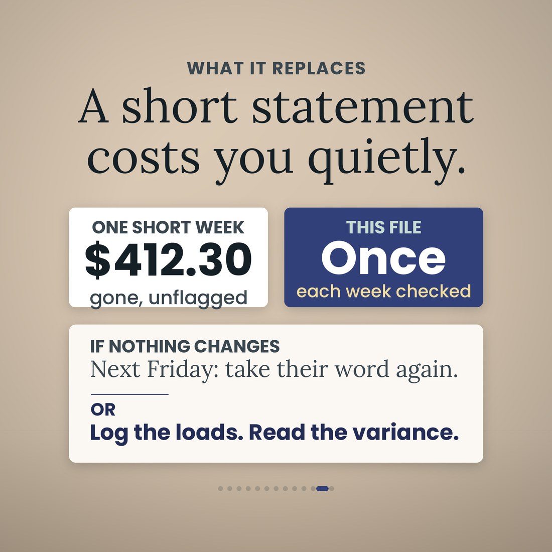 What it replaces: one short week costs $412.30 gone and unflagged, versus this file bought once and every week checked. If nothing changes, next Friday you take their word again; or log the loads and read the variance.
