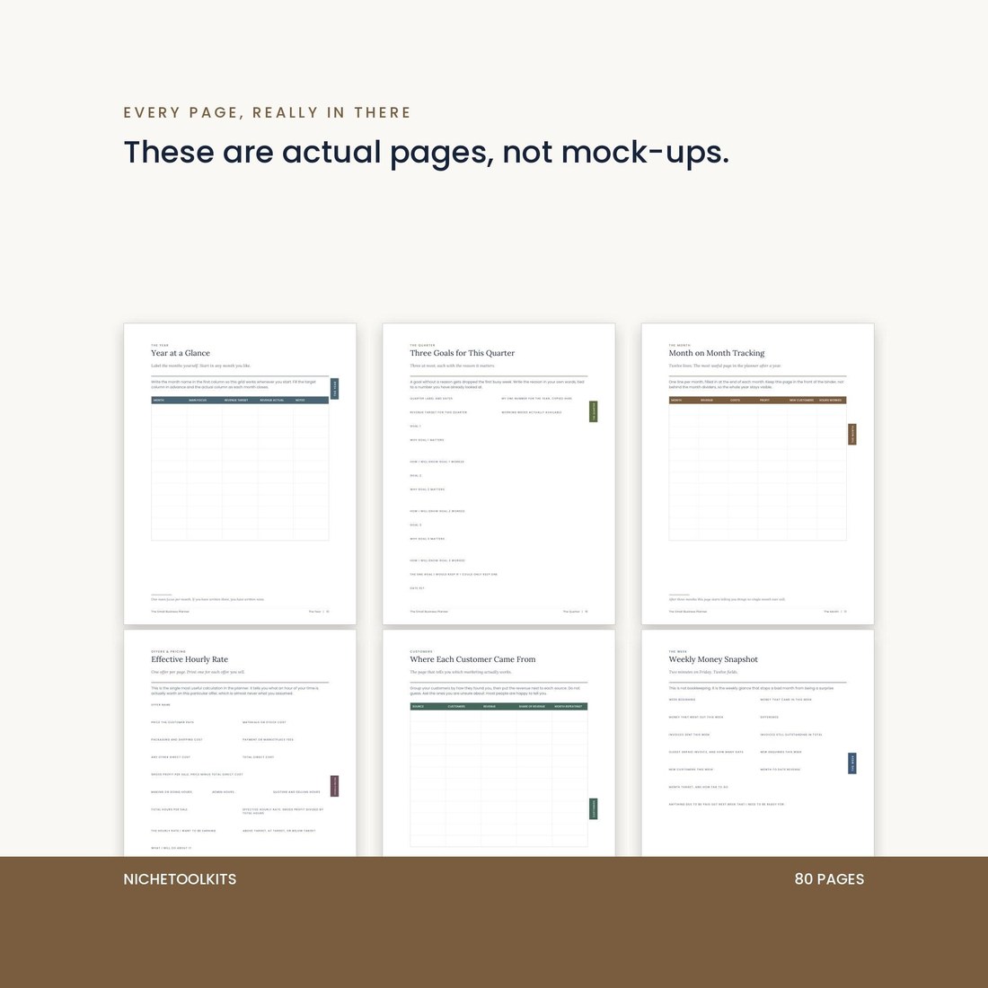 A grid of six real pages from the planner, shown to make the point that these are actual pages and not mock-ups. Includes the year at a glance, quarter goals, month on month tracking, hourly rate and customer source pages.