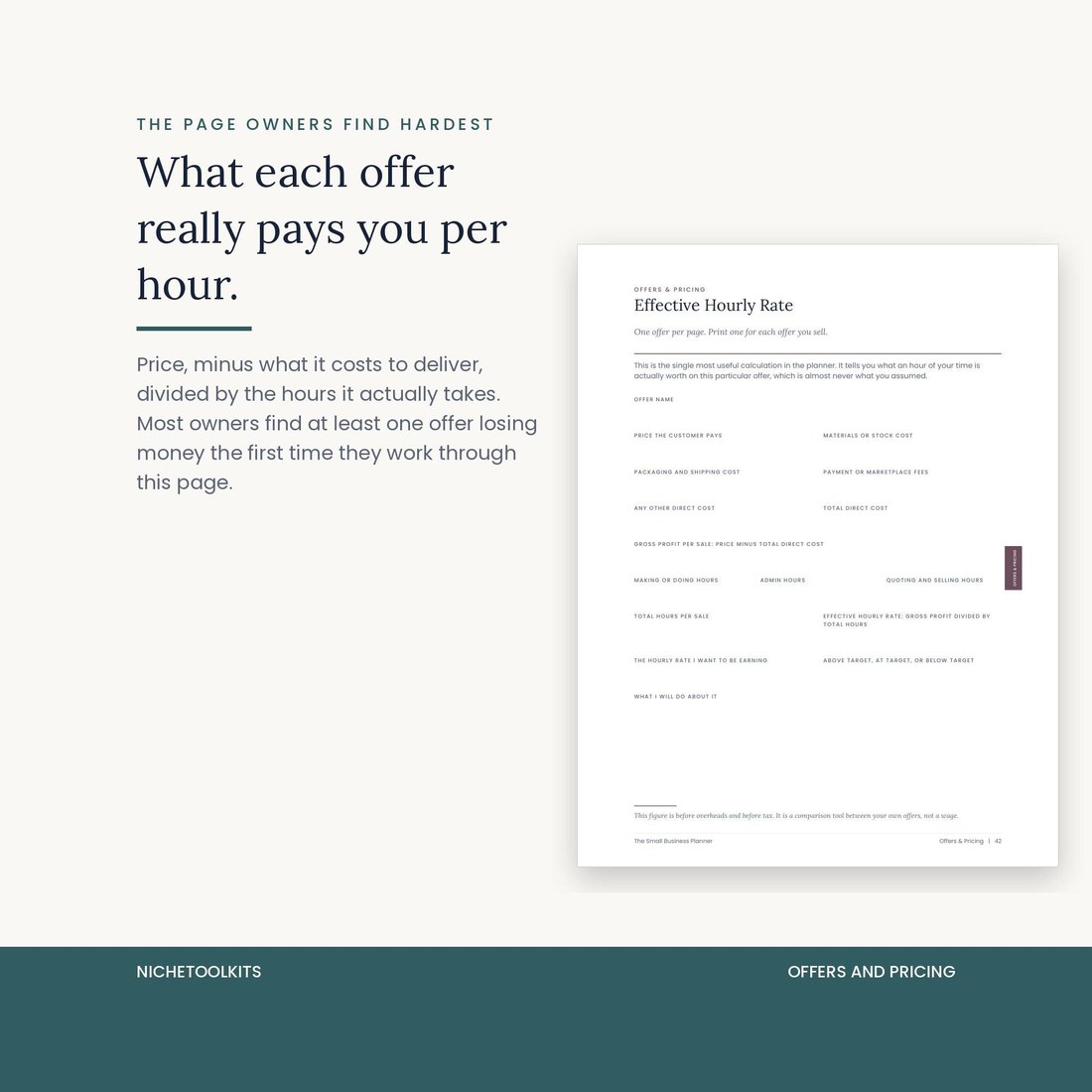 The Effective Hourly Rate page. Price the customer pays, minus materials, packaging, fees and other direct costs, divided by the hours it actually takes. Most owners find one offer losing money the first time they use it.