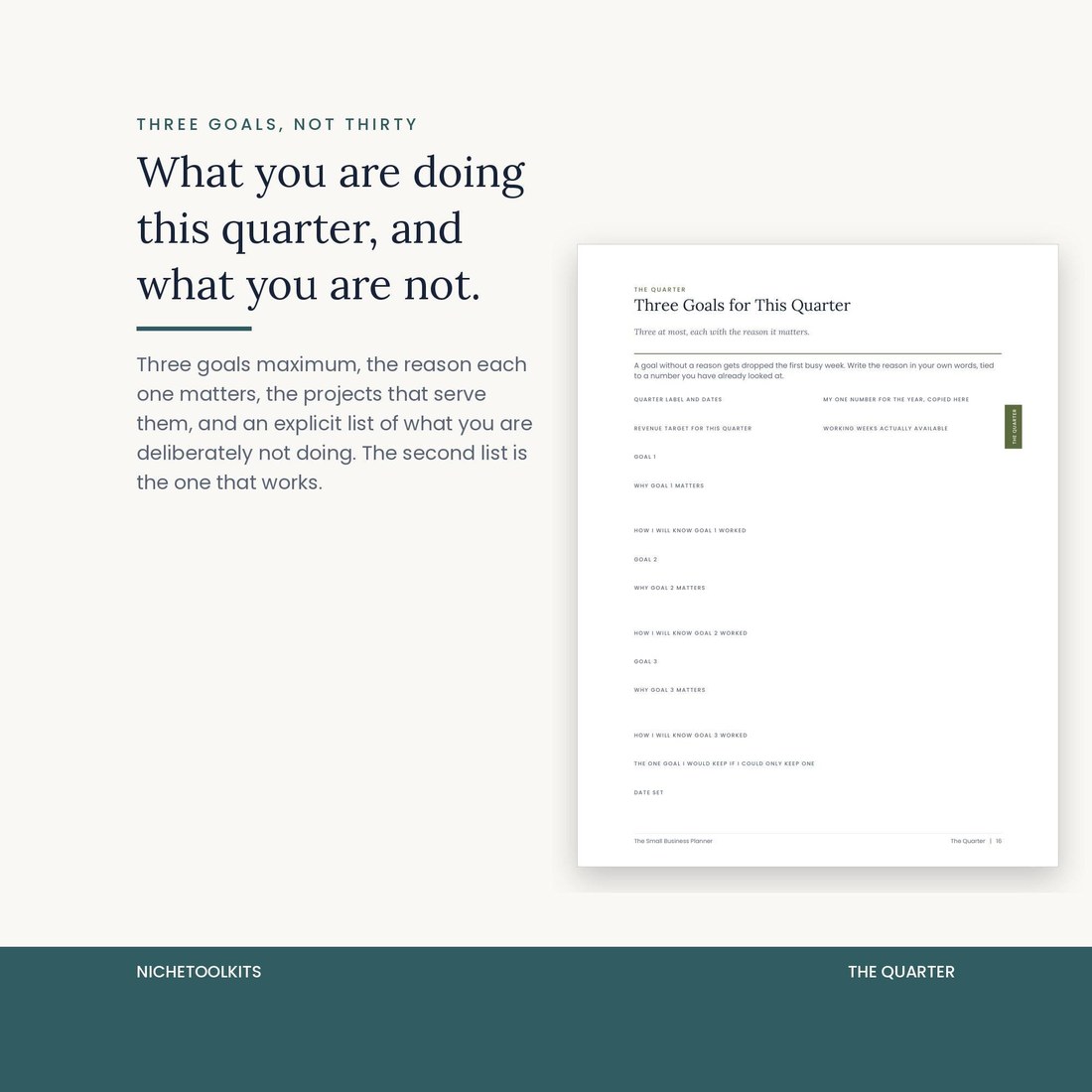 The Three Goals for This Quarter page. Three at most, each with the reason it matters, how you will know it worked, and the one goal you would keep if you could only keep one.