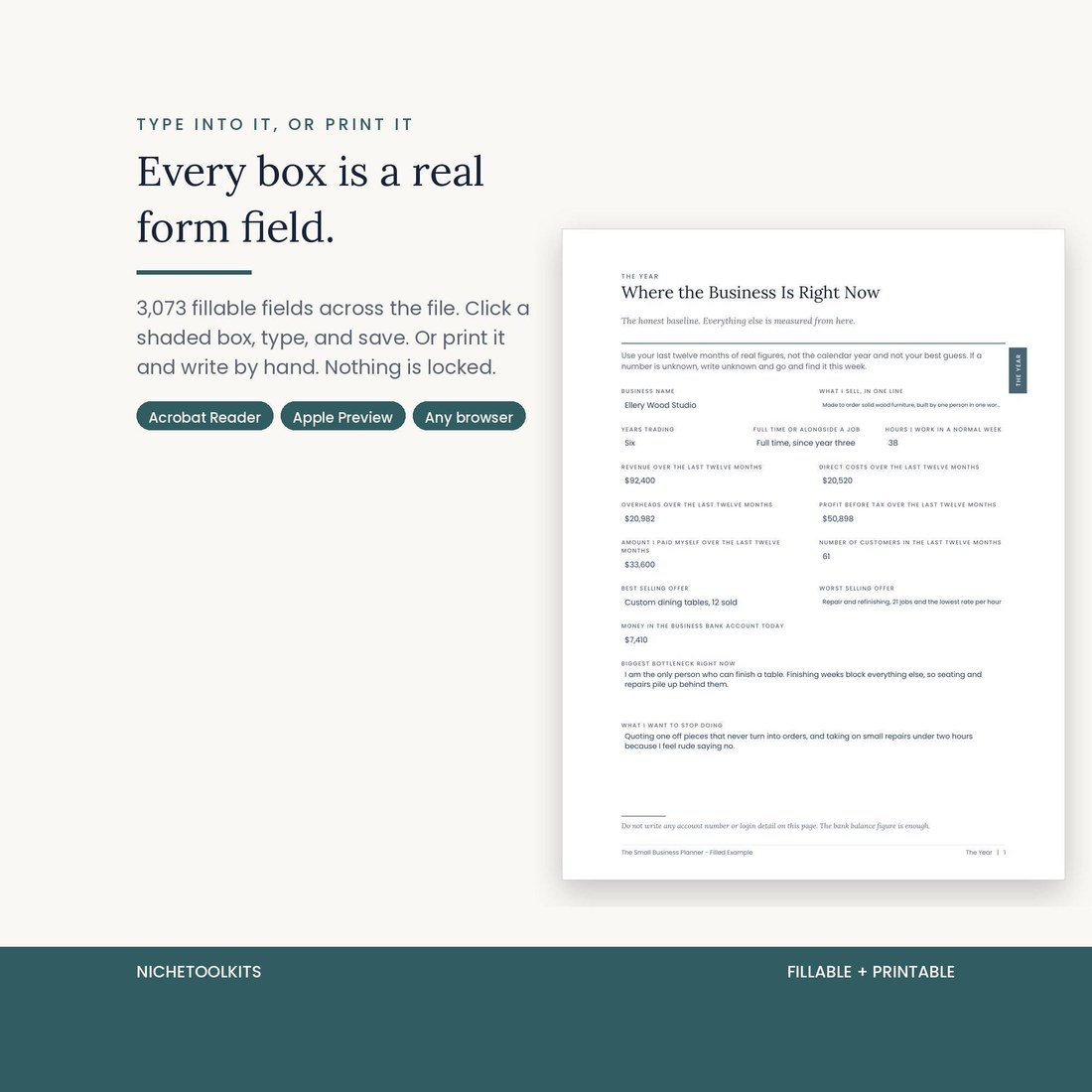 A filled in example page showing typed entries in the shaded boxes, demonstrating that every box is a real form field. 3,073 fillable fields across the file, usable in Acrobat Reader, Apple Preview or any browser.