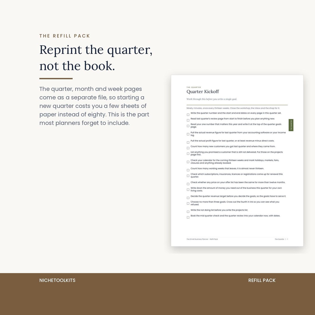 The refill pack: the quarter, month and week pages supplied as a separate file, so starting a new quarter costs a few sheets of paper instead of reprinting the whole eighty page book.
