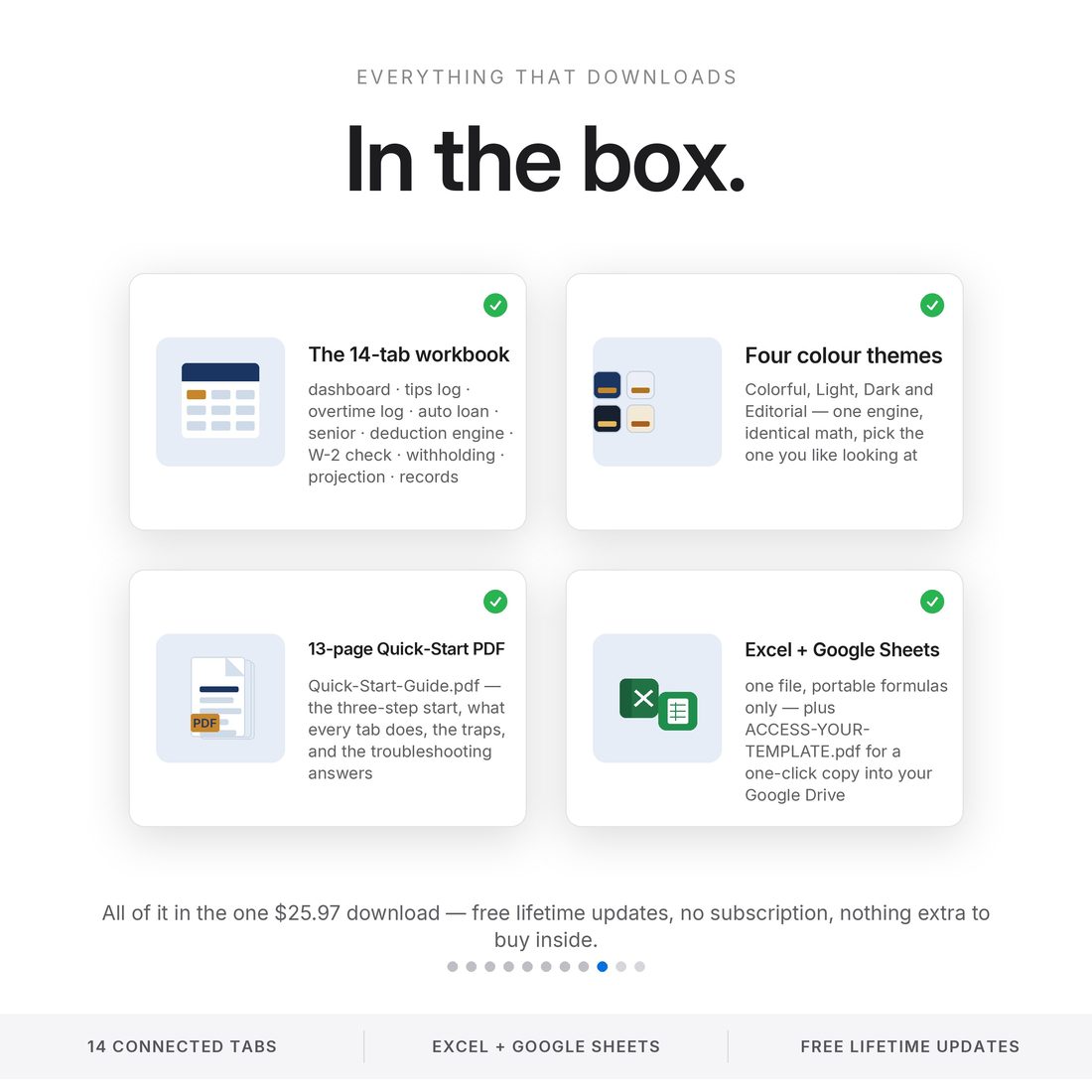 In the download: a 14-tab 2026 tax deduction command center in four colour themes — tips log, overtime log, auto loan interest, deduction engine, W-2 reconciliation — plus a 13-page Quick-Start PDF. $25.97.