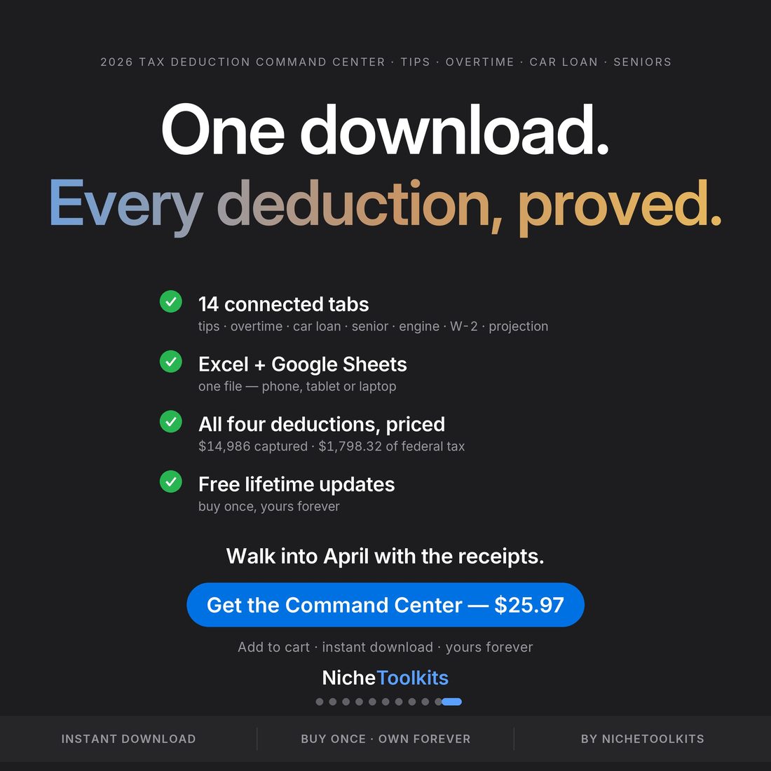 One download, every deduction proved — 2026 tax deduction command center, 14 connected tabs, tips, overtime, car loan interest and senior deduction, Excel and Google Sheets, free lifetime updates, $25.97.