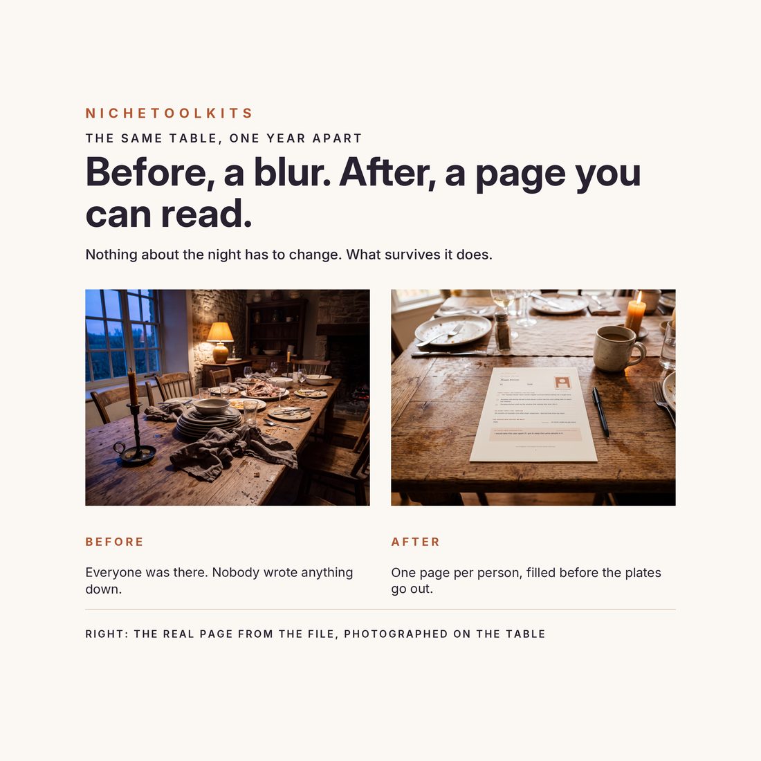 Before, a blur; after, a page you can read — the same table one year apart, with one page per person filled before the plates go out.