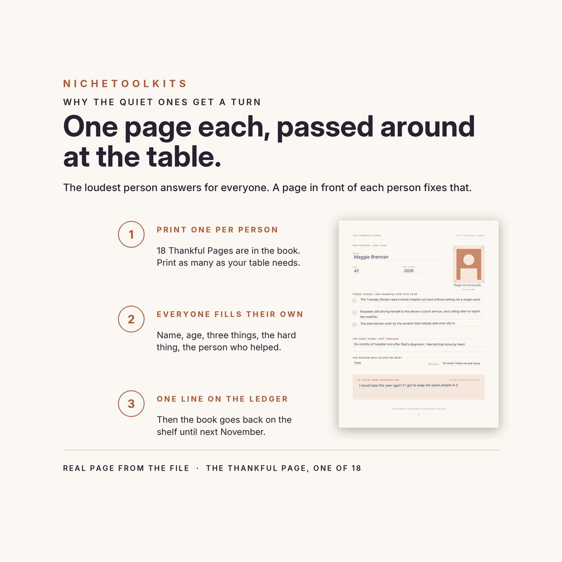One page each, passed around at the table — print one per person, everyone fills their own, then one line goes on the ledger.
