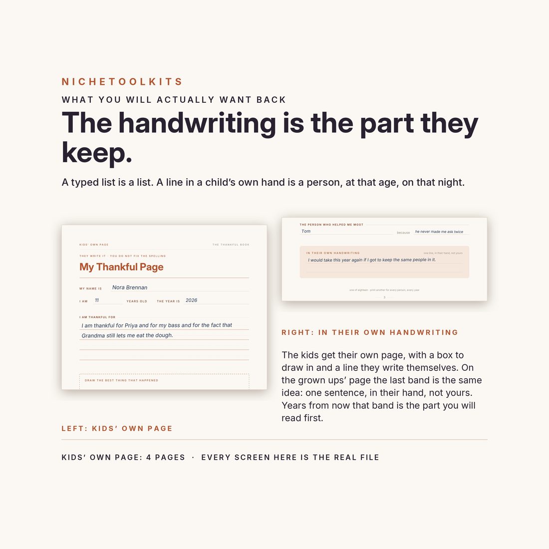 The handwriting is the part they keep — the Kids' Own Page with bigger writing lines beside a grown-ups' page, both filled in by hand.