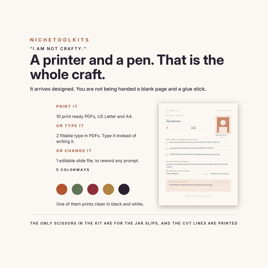 A printer and a pen is the whole craft — 10 print-ready PDFs, 2 fillable type-in PDFs, 1 editable slide file and 5 colorways.