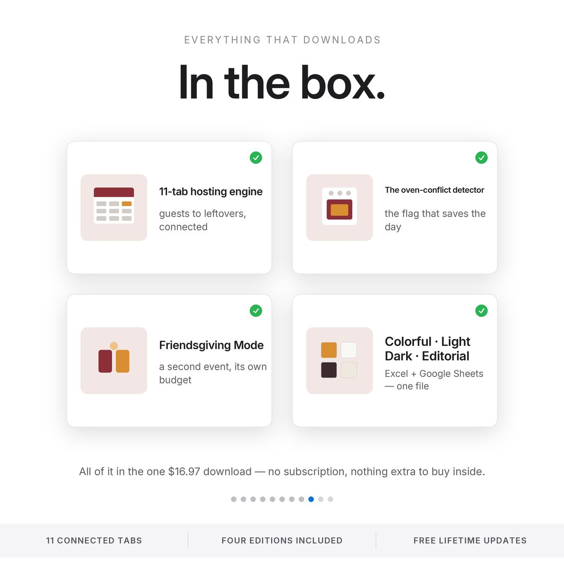 Three worries answered on one screen — hosting for the first time, running a potluck, and Excel versus Google Sheets.