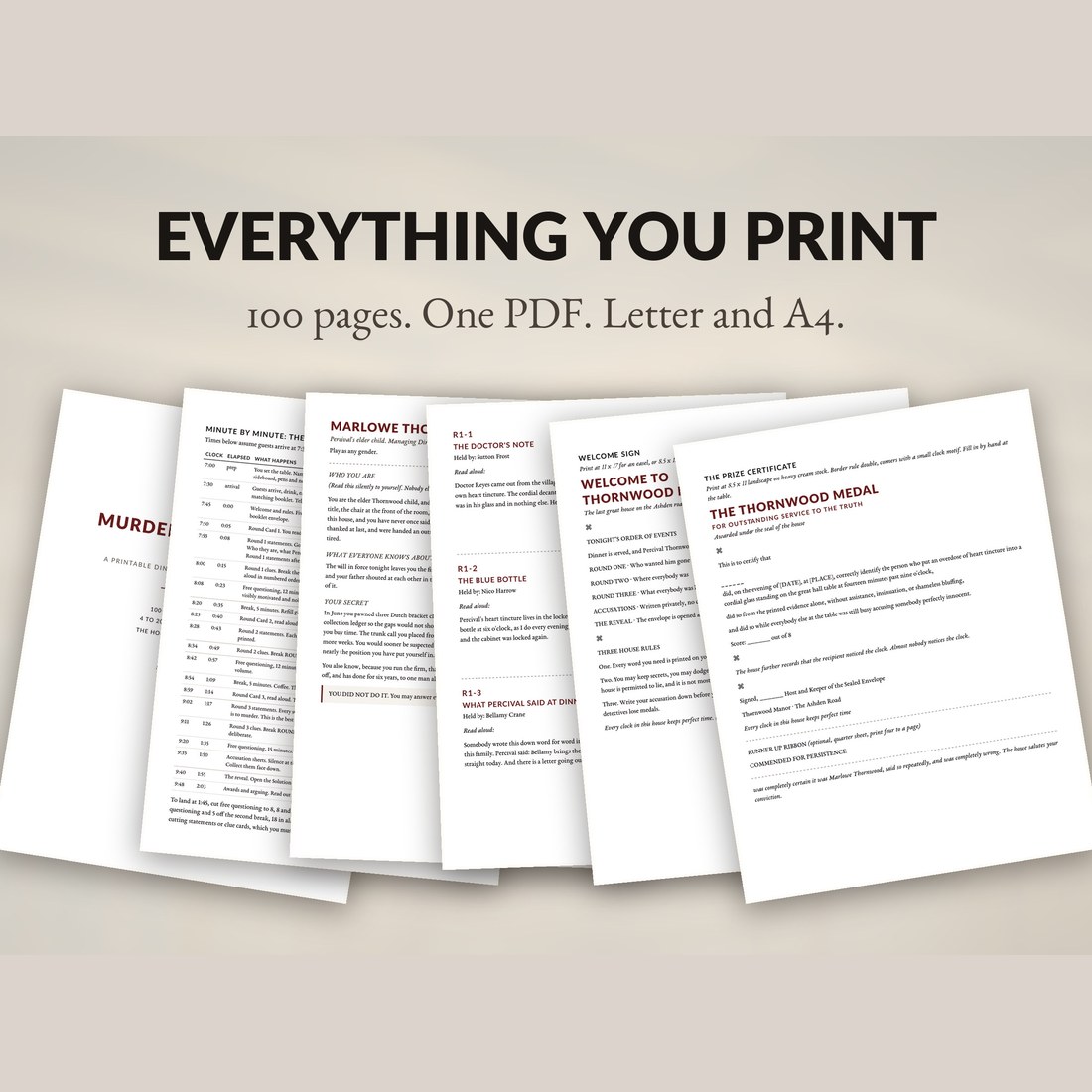 Everything you print: 100 pages in one PDF, in Letter and A4, fanned out as host guide pages, clue cards, a welcome sign and a prize certificate.