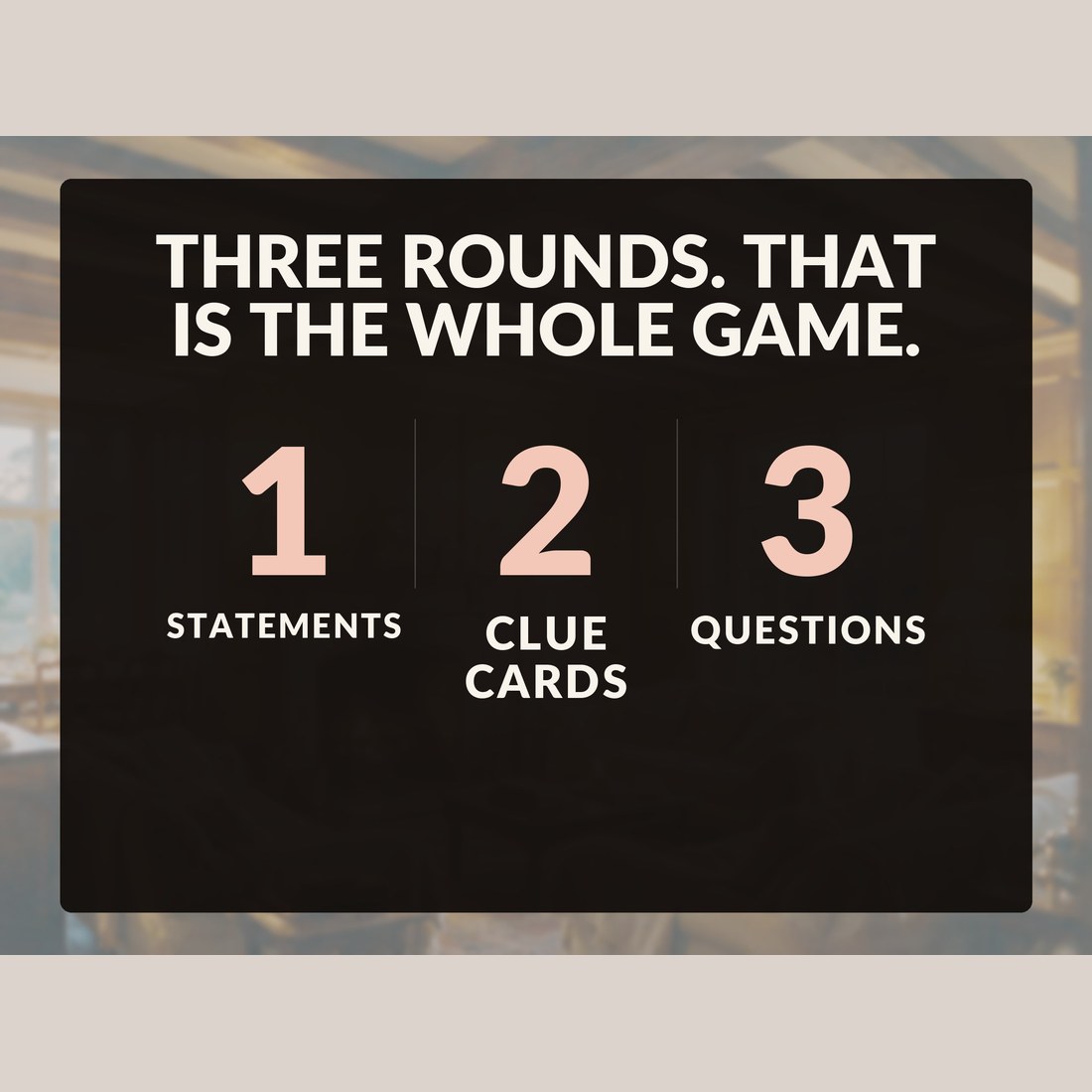 Three rounds, that is the whole game: one statements, two clue cards, three questions, laid out as the entire structure of the evening.