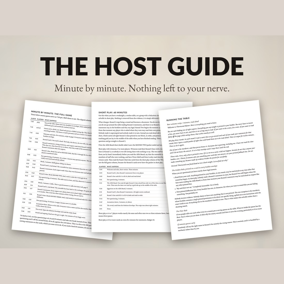 The host guide, minute by minute, with nothing left to your nerve: timeline pages and the Short Play variant laid out side by side.