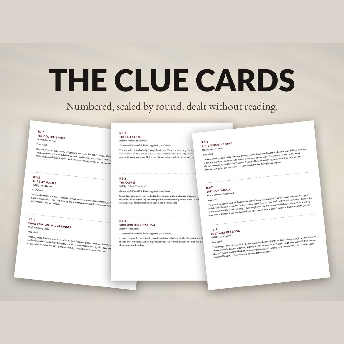 The clue cards, numbered and sealed by round so they can be dealt without reading: the doctor's note, the cellar stair and the exchange ticket among them.