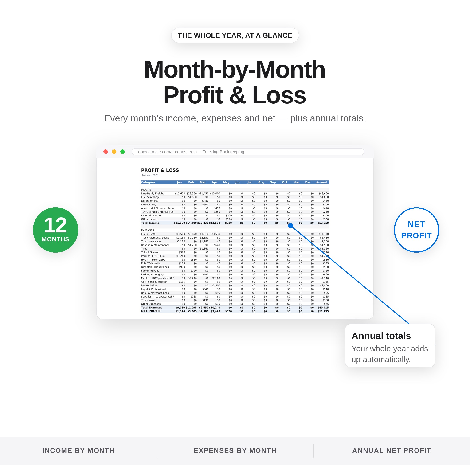 Profit and loss, monthly and annual