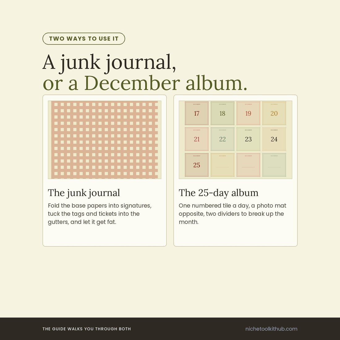 Two-up panel headed 'A junk journal, or a December album.' On the left, a gingham base paper above the caption 'The junk journal: fold the base papers into signatures, tuck the tags and tickets into the gutters, and let it get fat.' On the right, a sheet of numbered day tiles above 'The 25-day album: one numbered tile a day, a photo mat opposite, two dividers to break up the month.' Footer: the guide walks you through both.