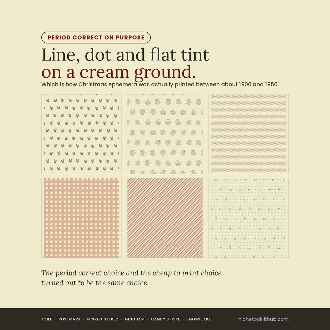 Six paper swatches shown close up under the headline 'Line, dot and flat tint on a cream ground', with the note that this is how Christmas ephemera was actually printed between about 1900 and 1950. The swatches show a holly sprig repeat, coarse halftone dots, a fine dotted tint, red gingham, a candy diagonal stripe and a scattered snowflake print. A closing line reads: the period correct choice and the cheap to print choice turned out to be the same choice.