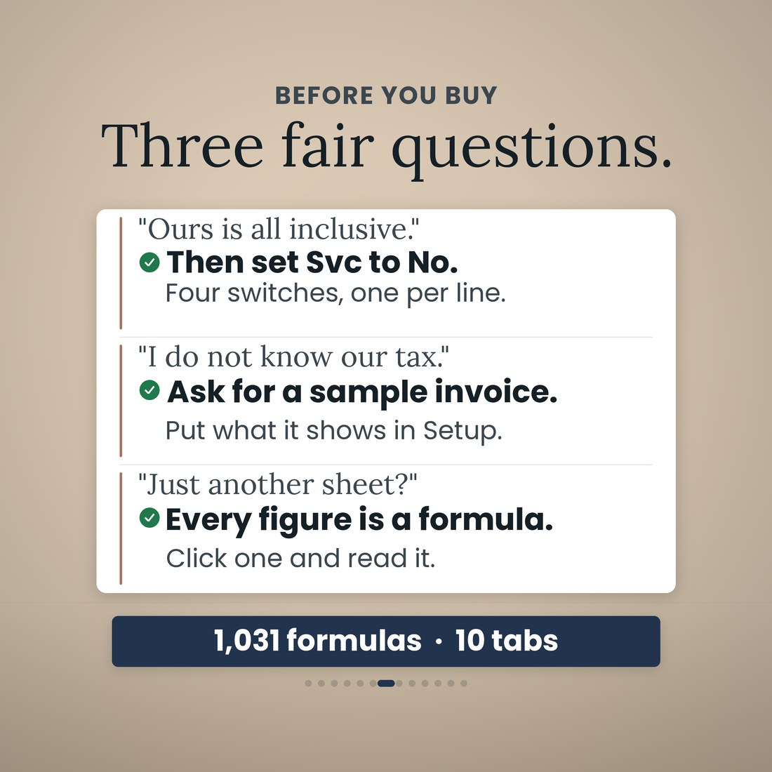 Three fair questions about the wedding budget spreadsheet answered on one card: ours is all inclusive, I do not know our tax rate, and is this just another sheet. A navy band beneath reads 1,031 formulas and 10 tabs.