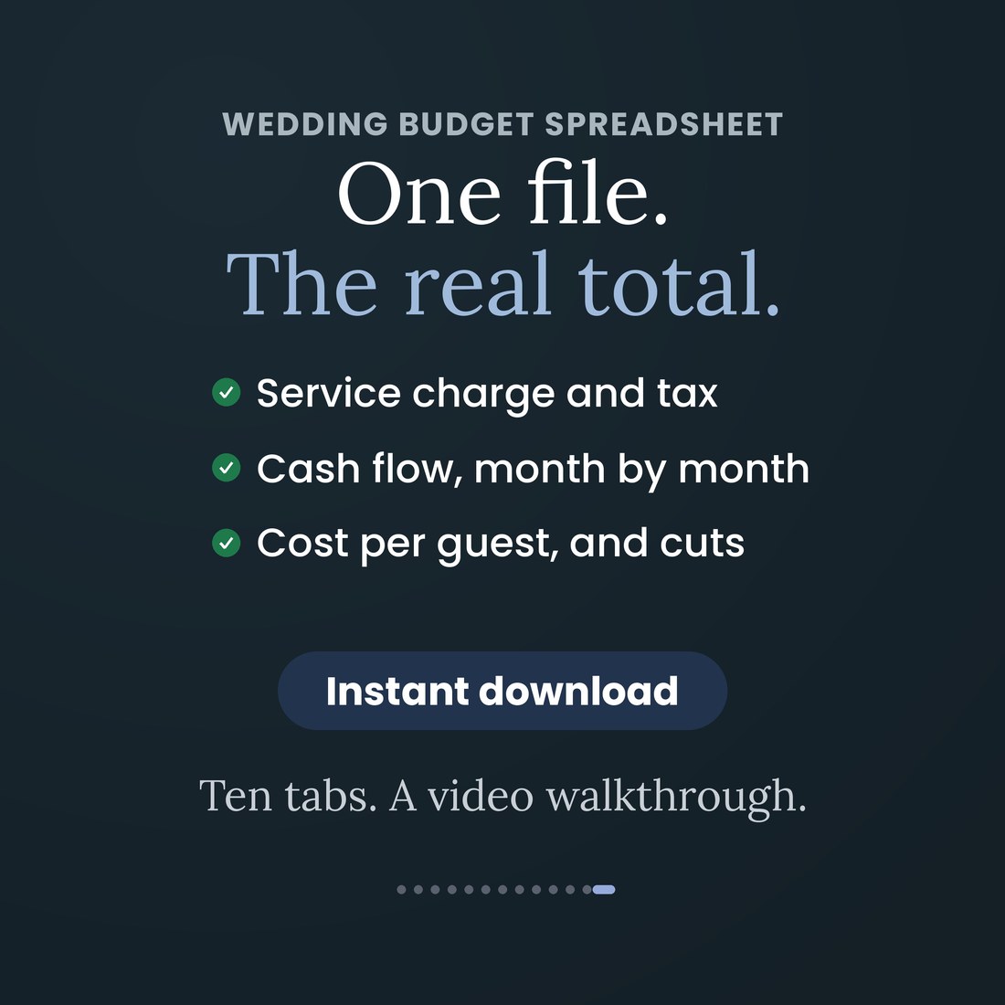 Wedding Budget Planner: one file, the real total. Service charge and tax, cash flow month by month, cost per guest and priced cuts. Ten tabs and a video walkthrough, instant download.