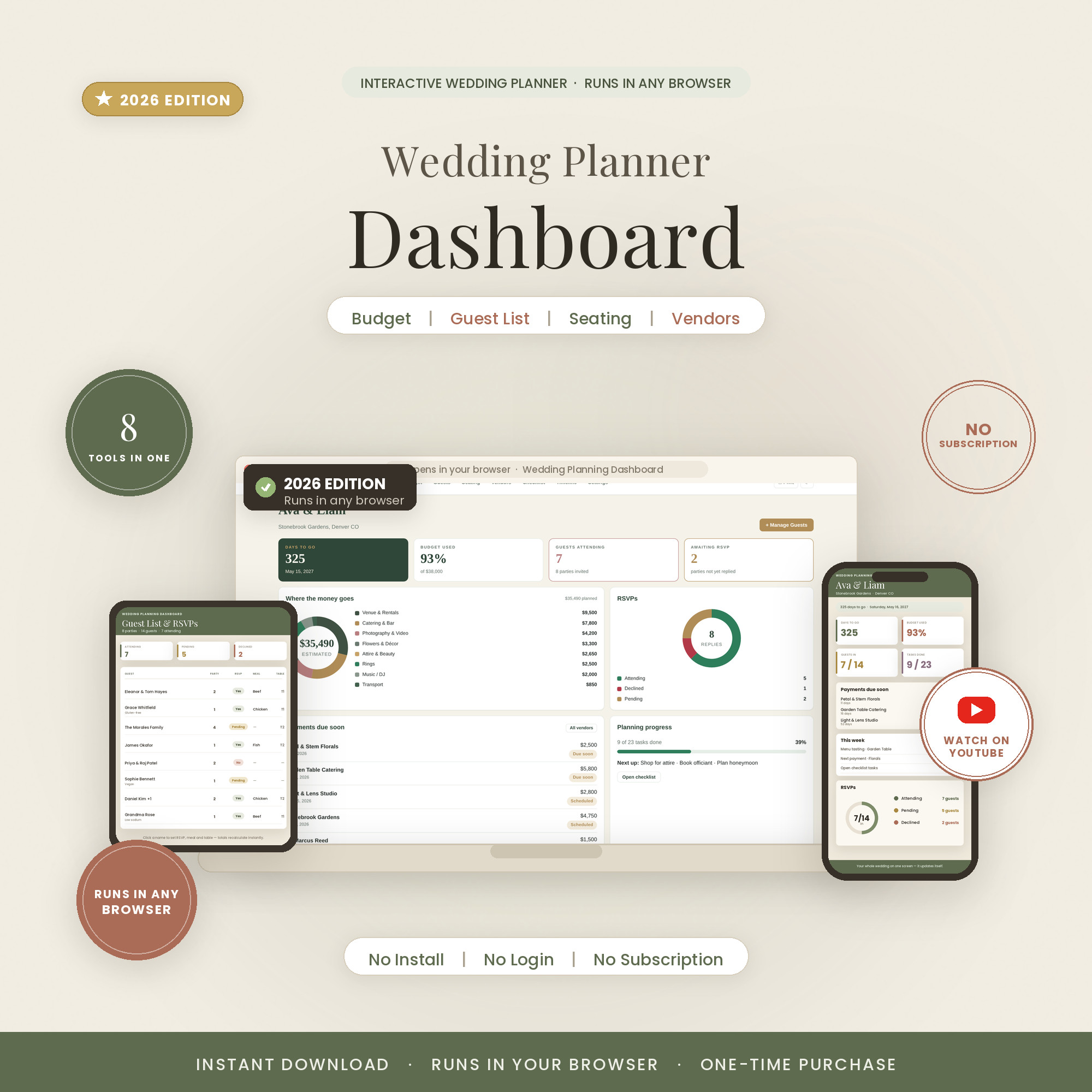 Wedding Planning Dashboard — budget, guests, seating, live