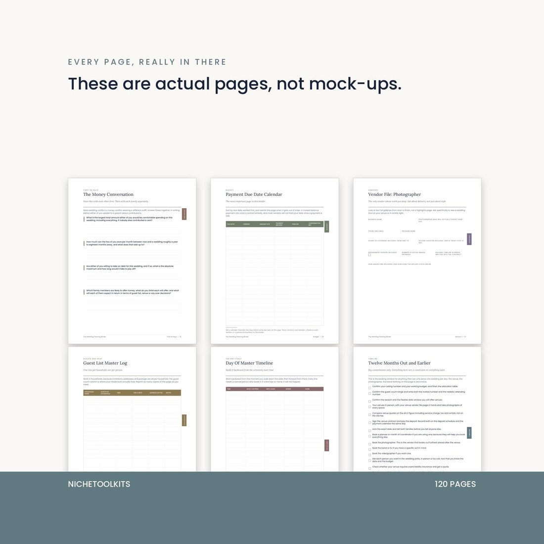 A grid of six real pages from the binder, shown to make the point that these are actual pages and not mock-ups. Includes the money conversation, payment calendar, a vendor file, the guest list and the countdown.