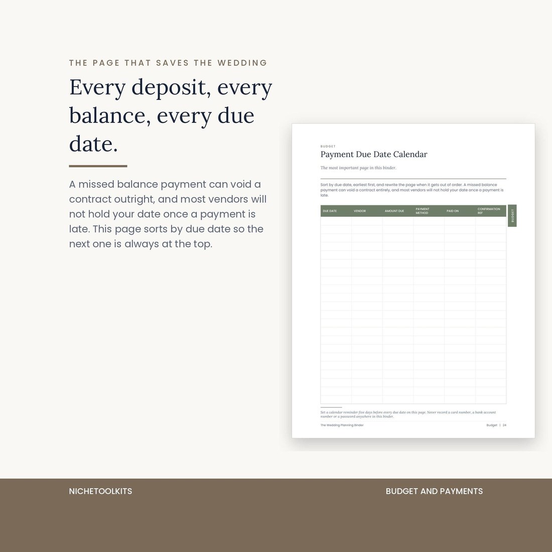 The Payment Due Date Calendar page, a table with columns for due date, vendor, amount due, payment method, paid on and confirmation reference. Text explains a missed balance payment can void a contract outright.