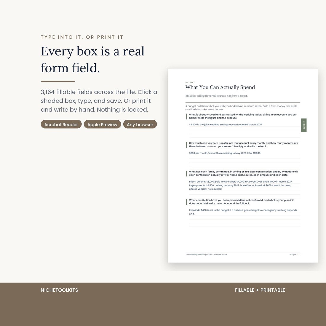 A filled in example page showing typed entries in the shaded boxes, demonstrating that every box is a real form field. 3,164 fillable fields across the file, usable in Acrobat Reader, Apple Preview or any browser.