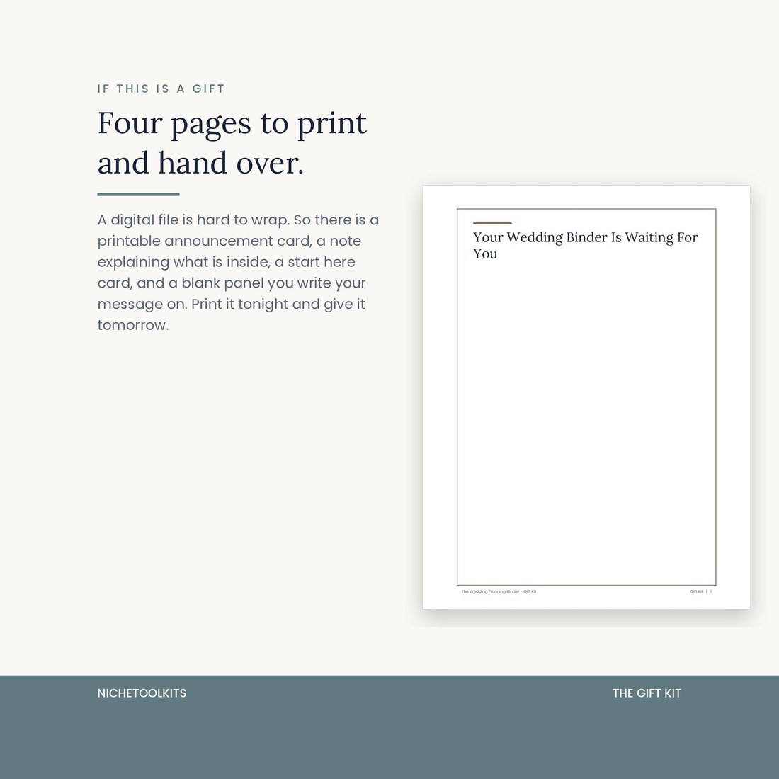 The gift kit: four printable pages the giver hands over, including an announcement card, a note explaining what is inside, a start here card and a blank panel for a written message. For giving a digital file as a present.