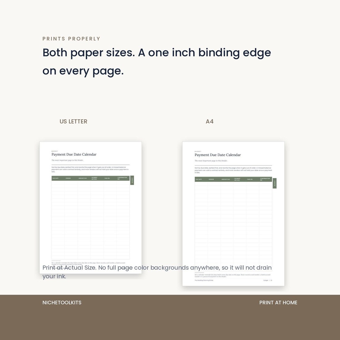 The same binder page shown at US Letter and A4 size side by side, with a note to print at Actual Size. Every page carries a one inch binding edge and there are no full page color backgrounds to drain ink.
