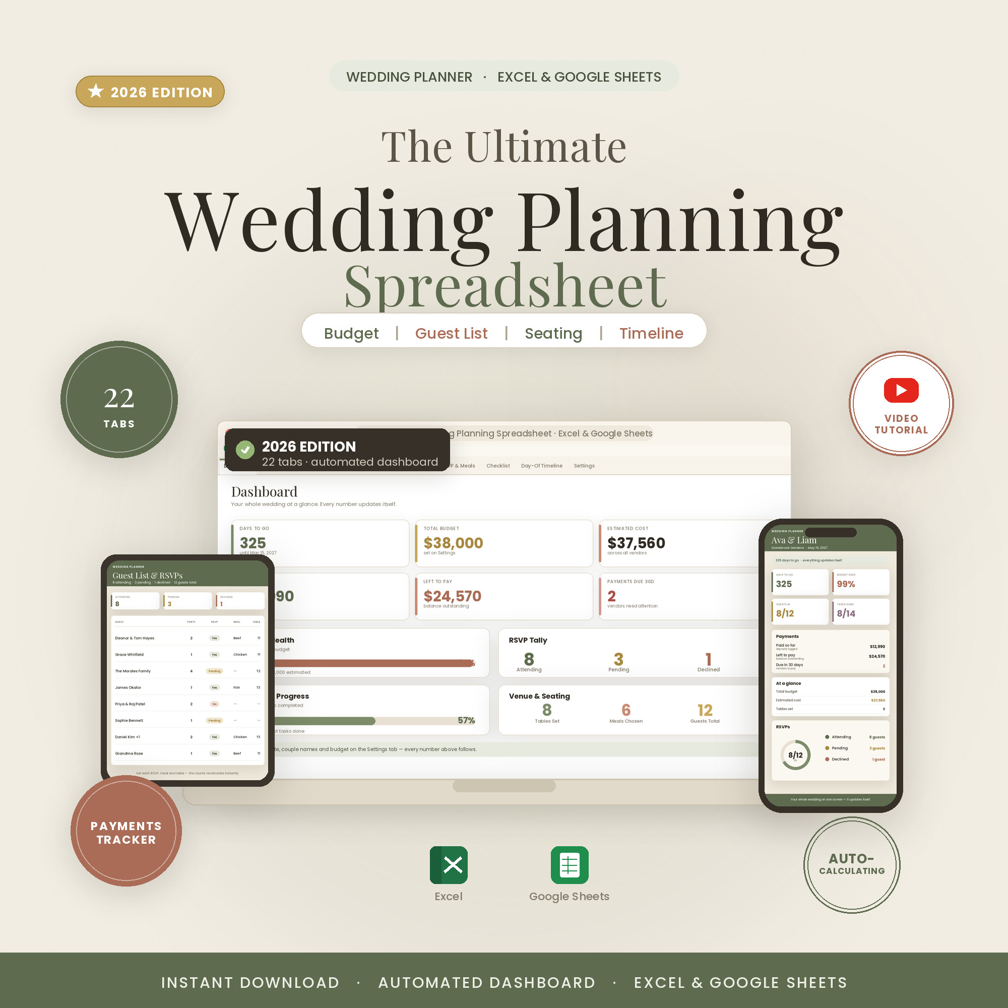 Wedding Planning Spreadsheet — 22 tabs, zero panic