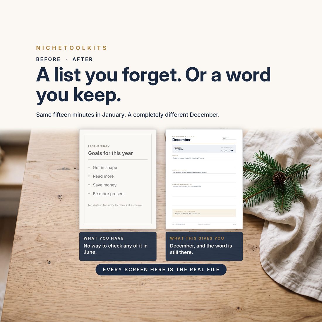 A list you forget, or a word you keep — the same fifteen minutes in January and a completely different December.