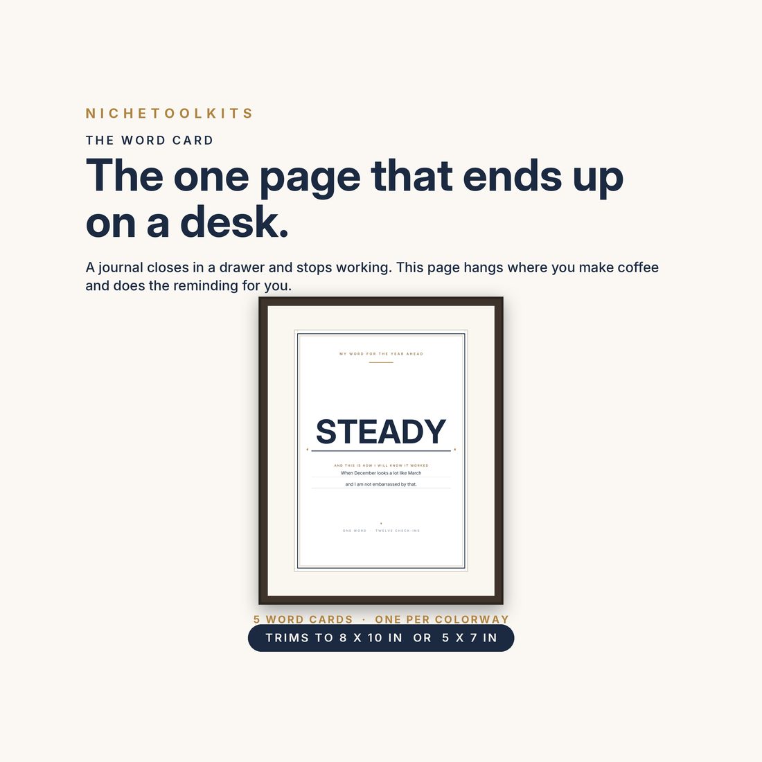 The Word Card — the one page that ends up on a desk, framed, trimming to 8 × 10 or 5 × 7, one card per colorway.