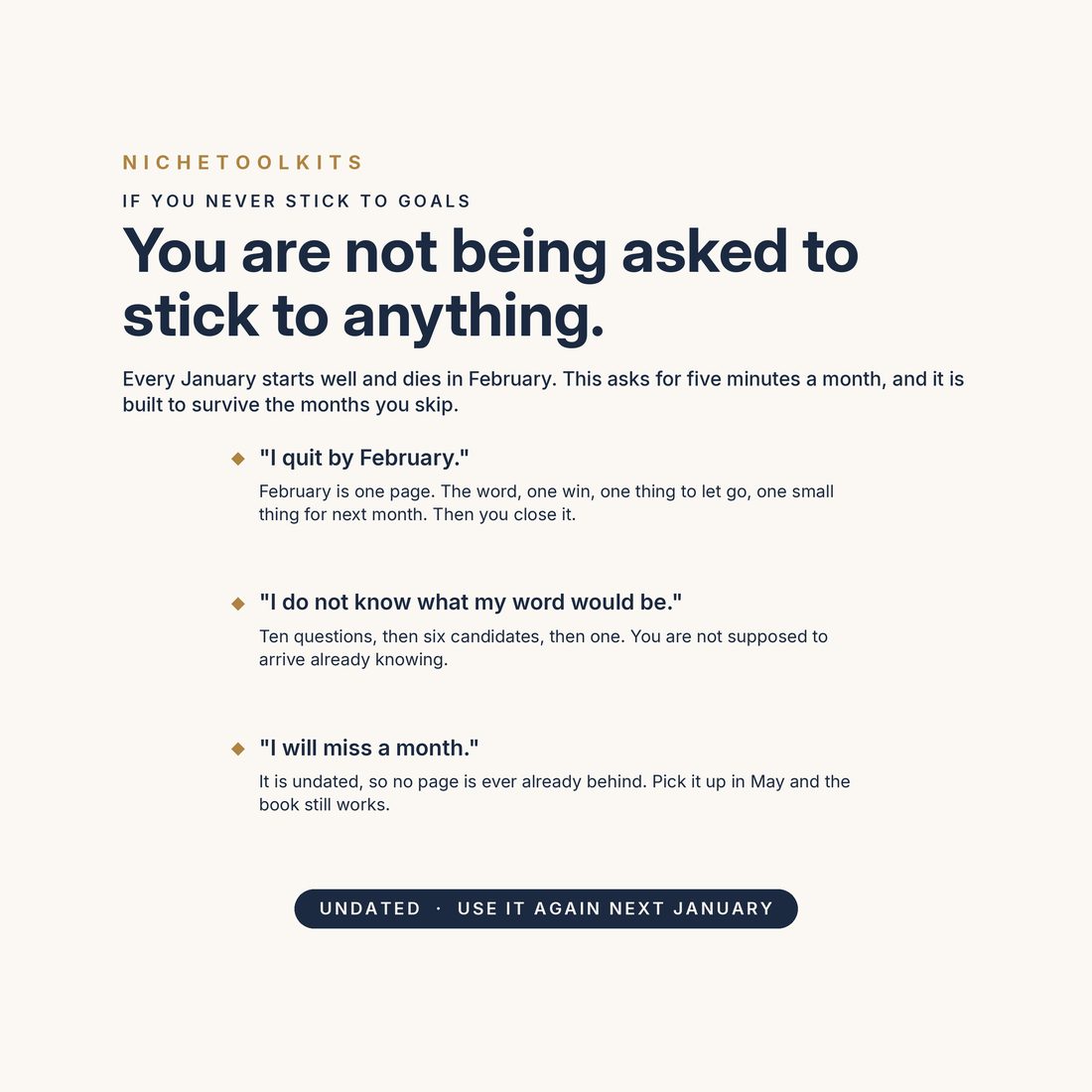 You are not being asked to stick to anything — the three worries answered: I quit by February, I do not know what my word would be, and I will miss a month.