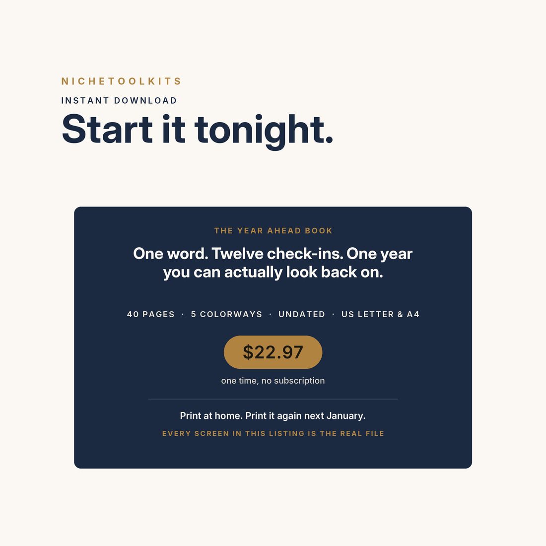 Start it tonight — one word, twelve check-ins, 40 pages in 5 colorways, undated, US Letter and A4, instant download.